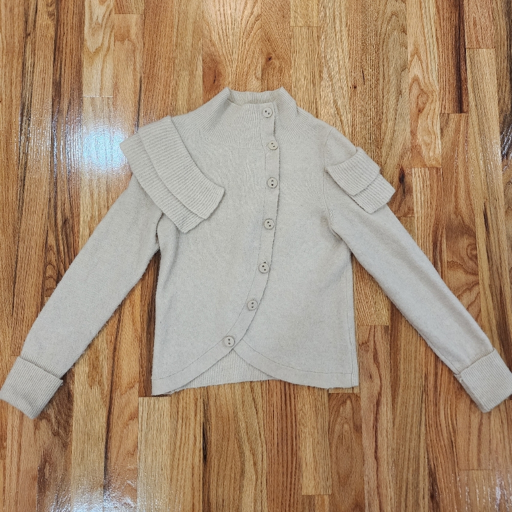 Anthropologie Charlie And Robin Knit Sweater Cardigan Ruffled Ivory Beige XS